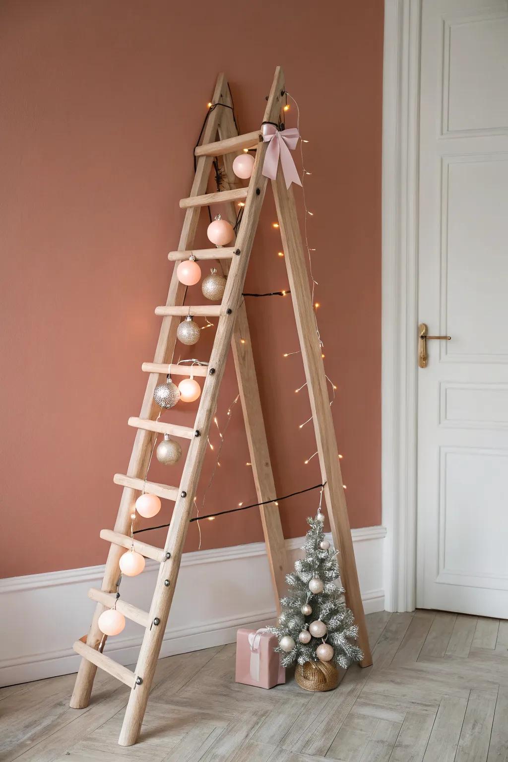 Calm ladder tree: light oak, white lights, and a few matching baubles for a serene glow.