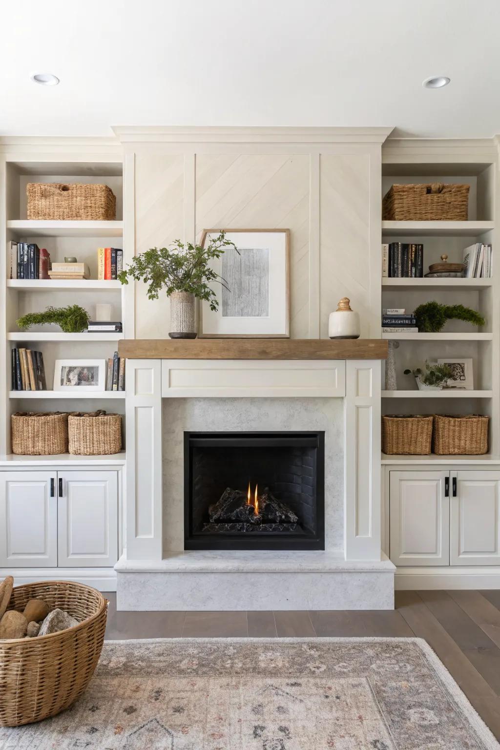 Symmetrical built-in shelves turn a simple lake house fireplace into a cozy, styled library nook.