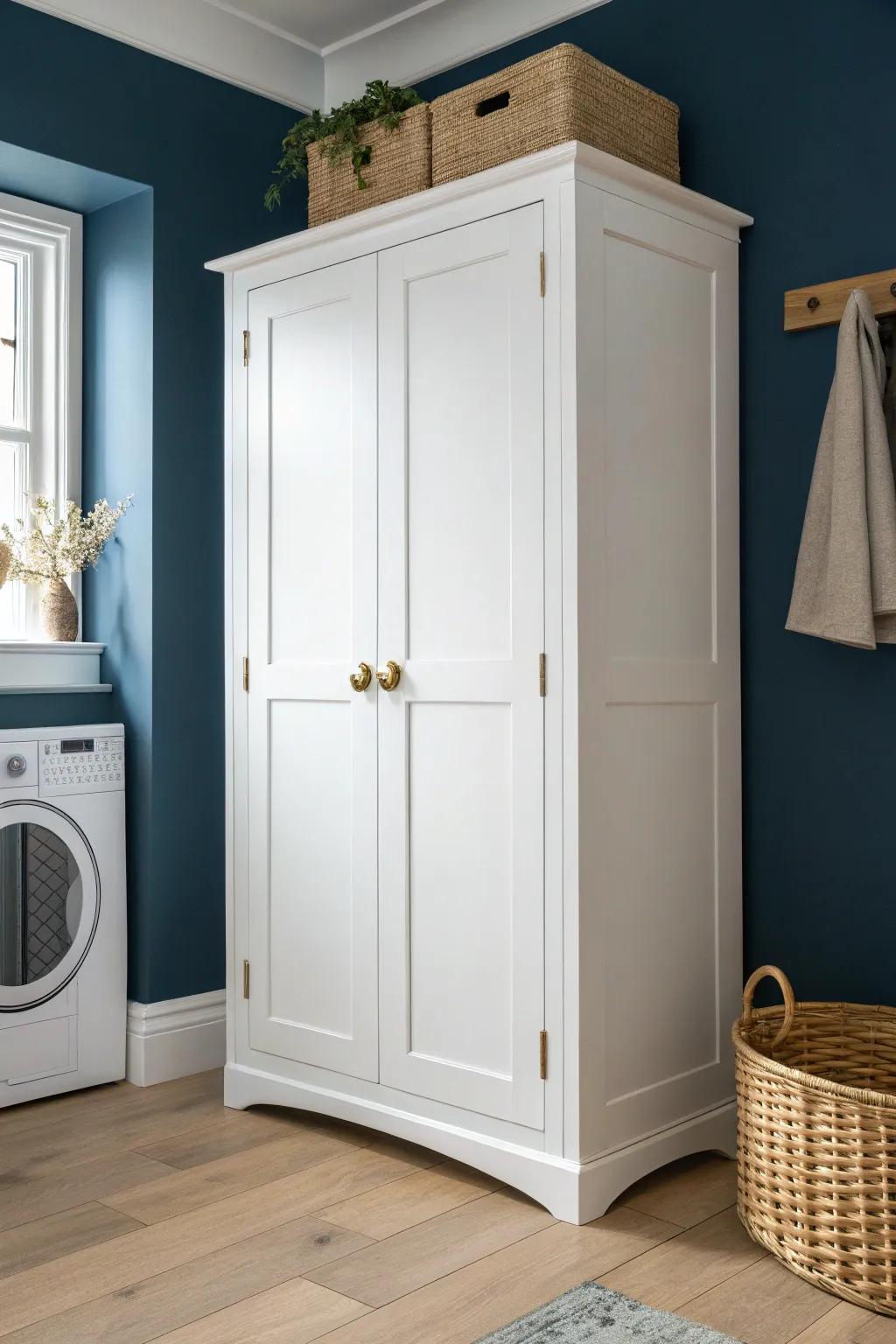 Timeless Shaker doors: clean lines, simple hardware, and a calm farmhouse laundry vibe.