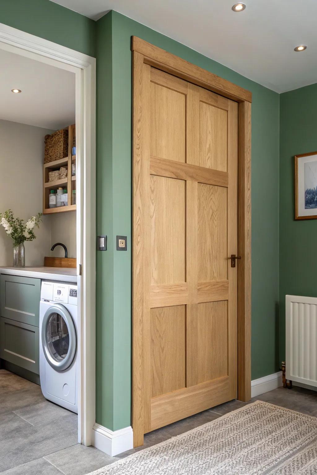 A space-saving oak pocket door that vanishes into the wall—no more laundry door battles.