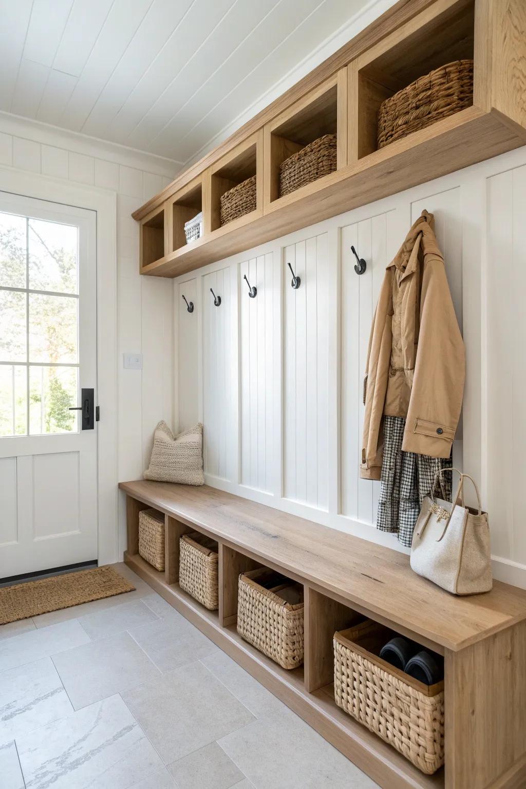 A calm drop zone: built-in oak bench with storage and sleek black hooks above.