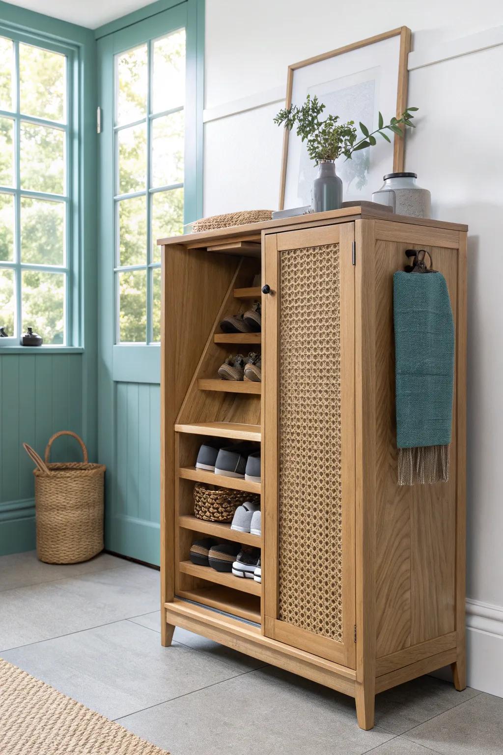 Slim tilt-out wood shoe cabinet keeps laundry-room entryways tidy—hidden storage, easy access.