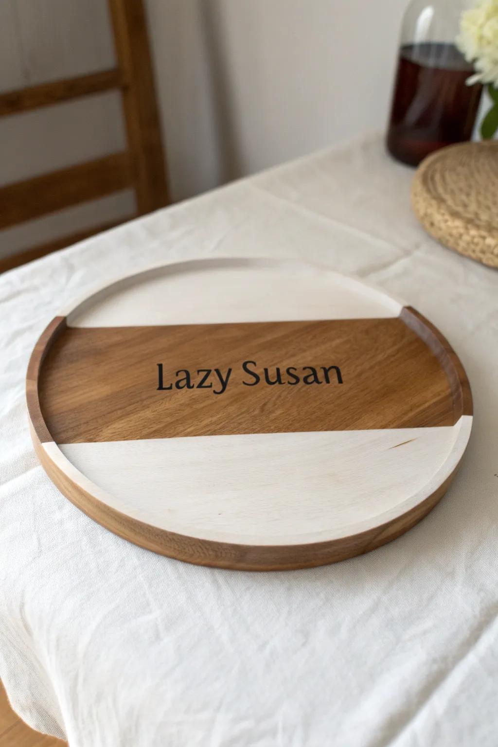 A striking two-tone lazy Susan: crisp painted band + rich stain for an easy modern-farmhouse look.