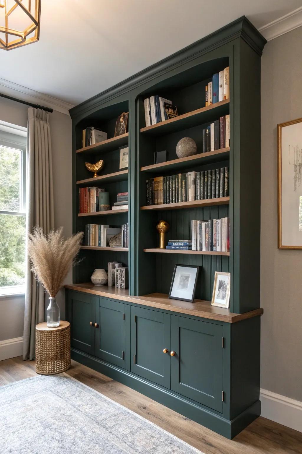 Moody painted built-ins turn a library living room into a rich, snug statement piece.
