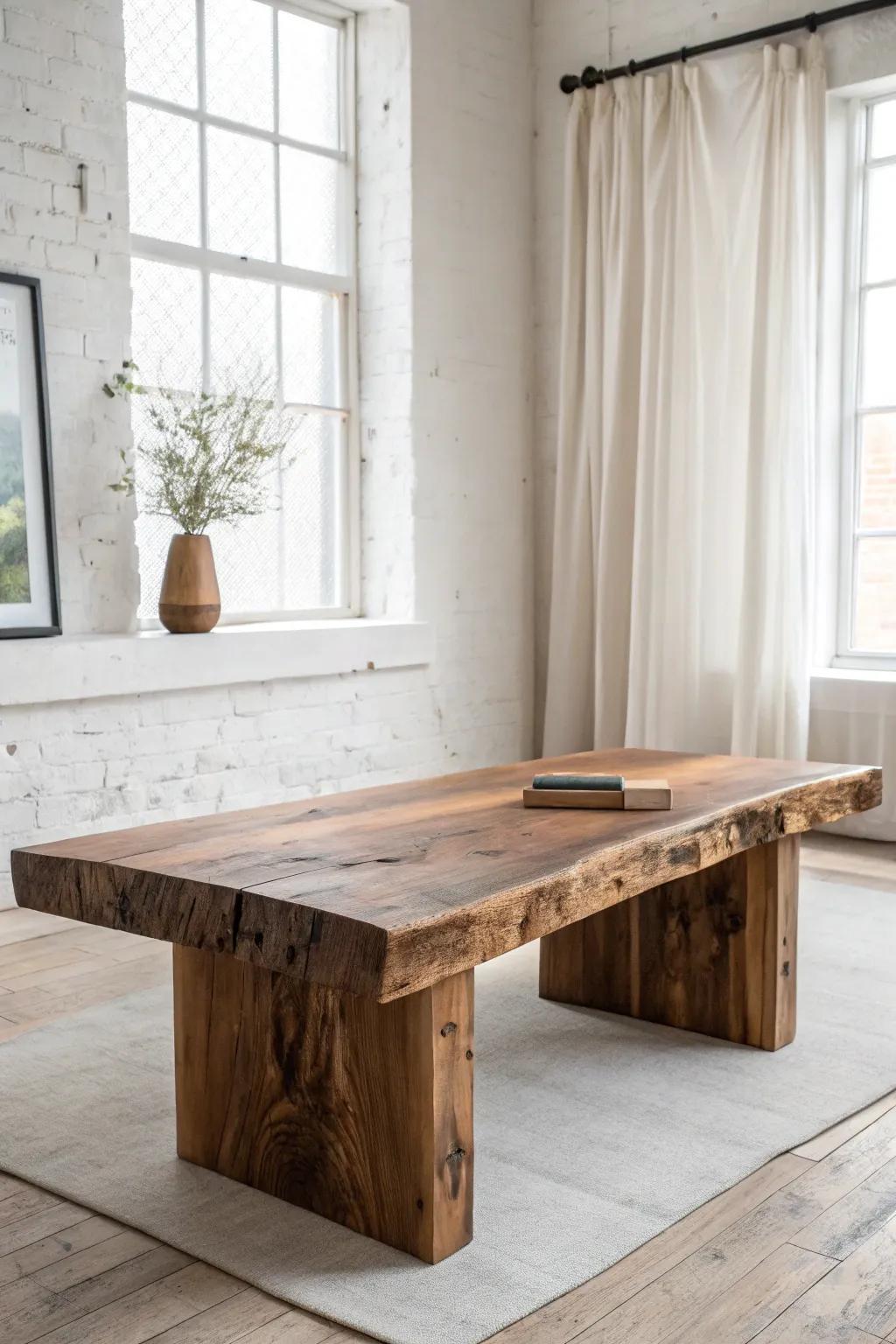 Chunky reclaimed timber base + live edge slab—rustic weight with bright Scandinavian calm.