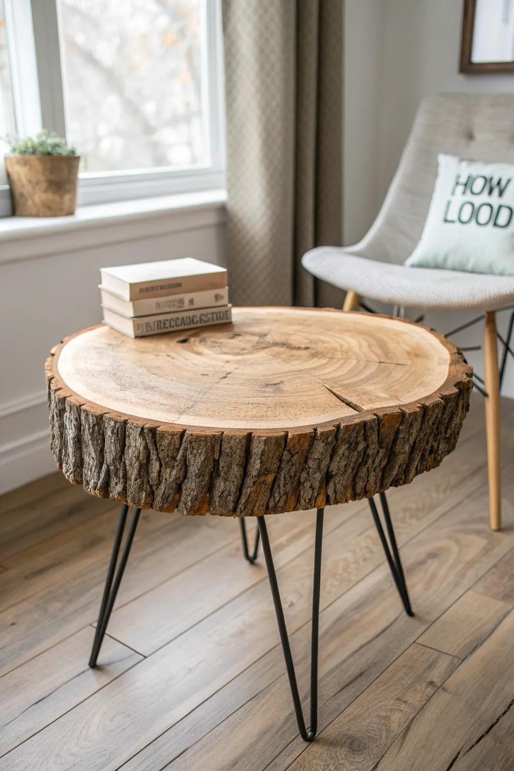 Round live-edge cookie table with glowing growth rings—minimal, warm, and handmade.