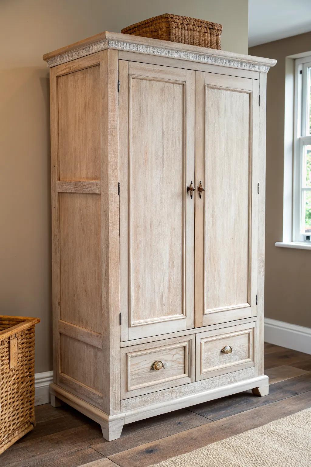 Whitewashed armoire with soft worn edges—farmhouse charm with clean Scandinavian lines.