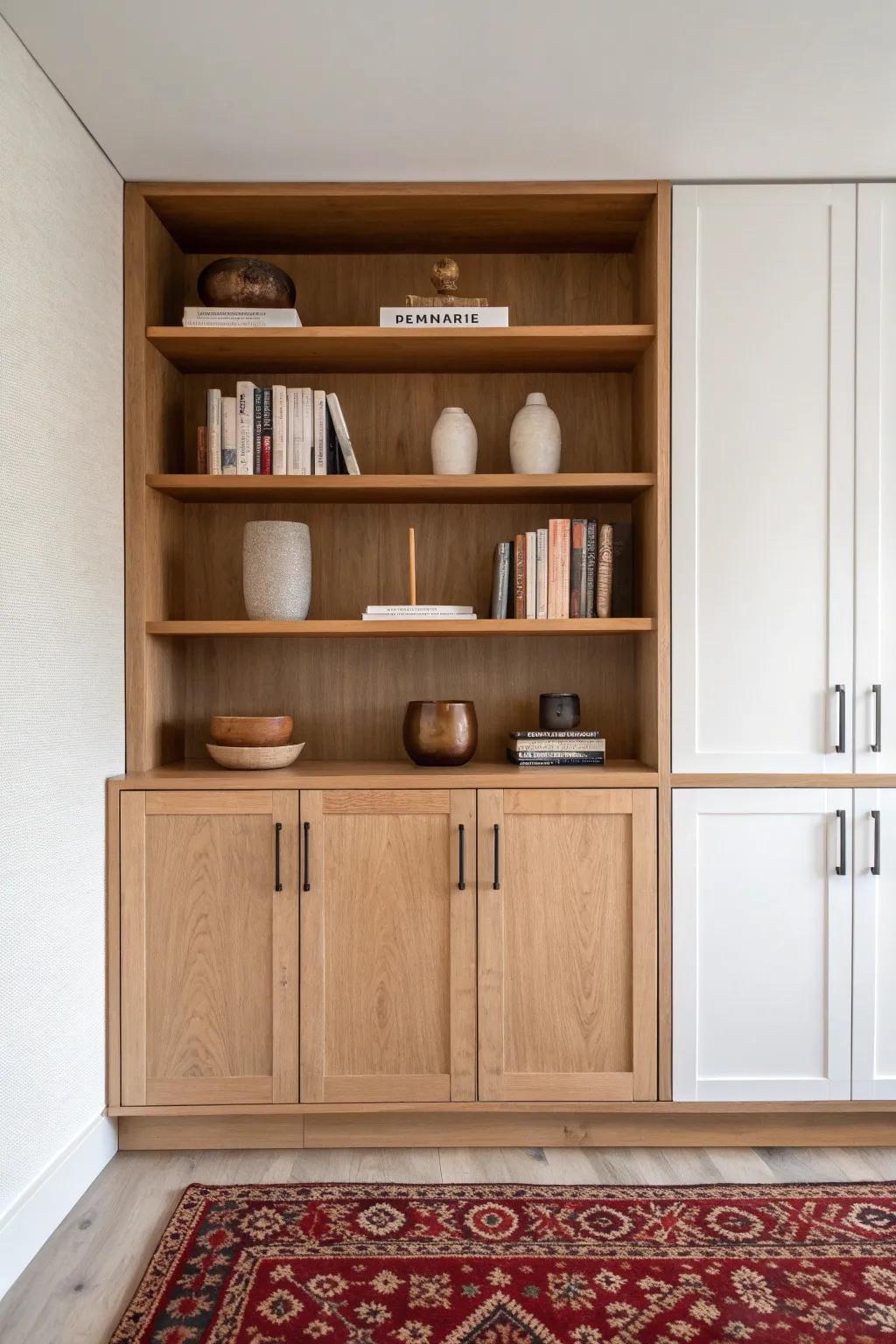 Half display, half hidden—oak shelving for books and pottery, cabinets to tuck clutter away.