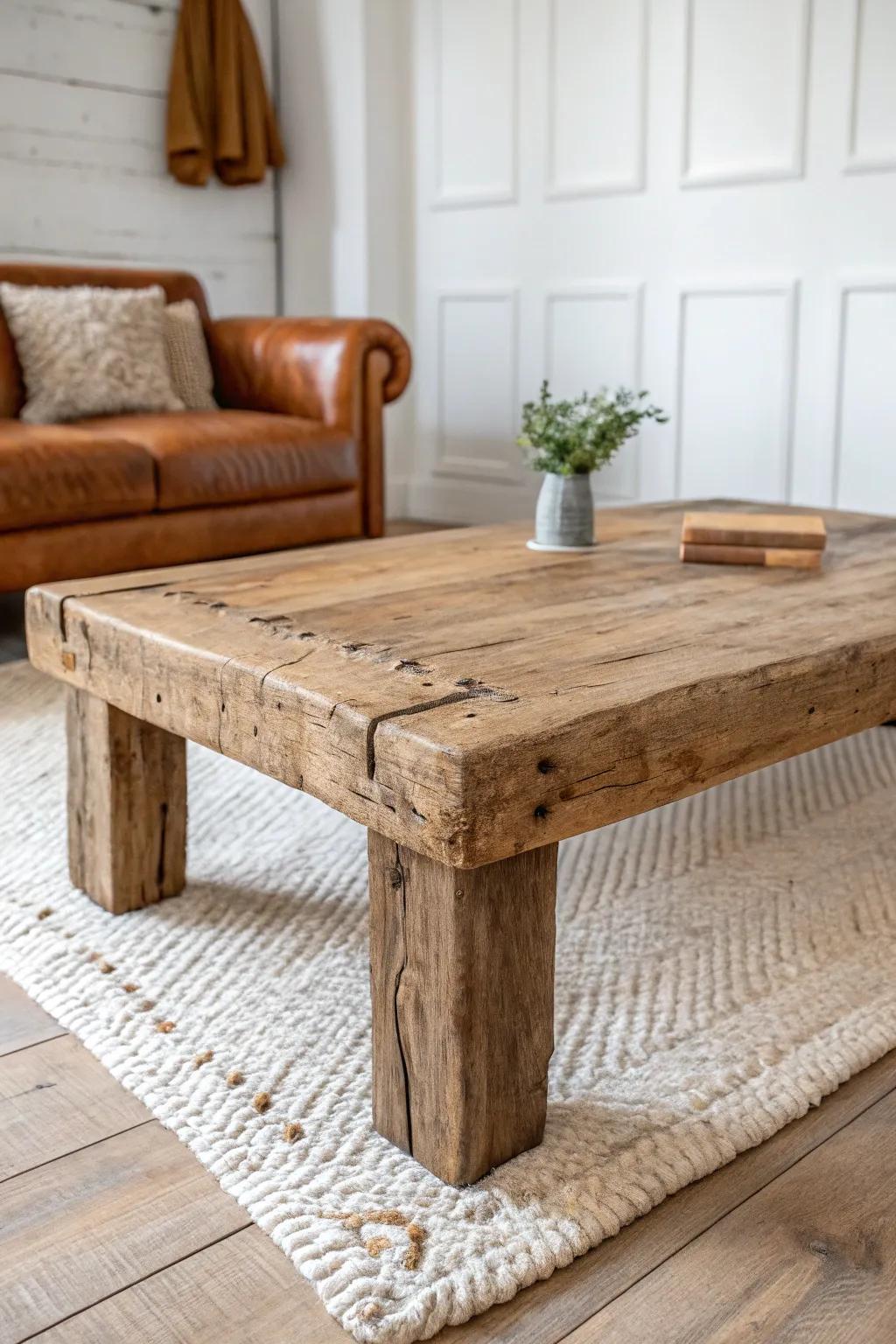 Chunky reclaimed wood coffee table adds warmth and character—perfect with a brown couch.
