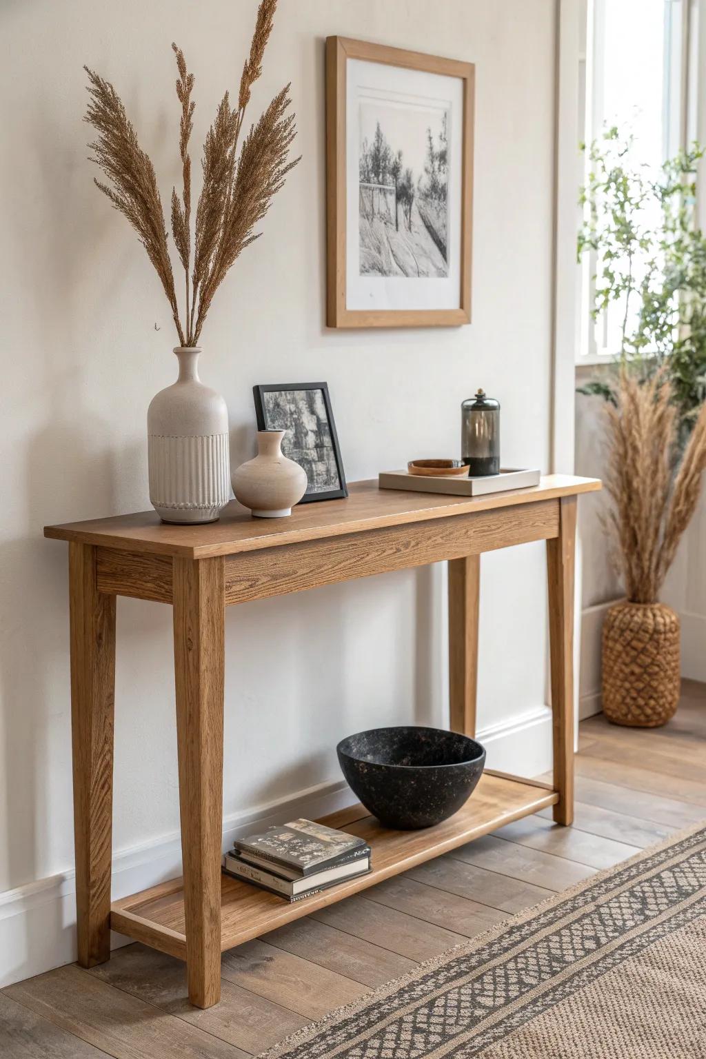 Layered heights on a slim oak sofa table: tall vase, medium frame, low tray for balance.