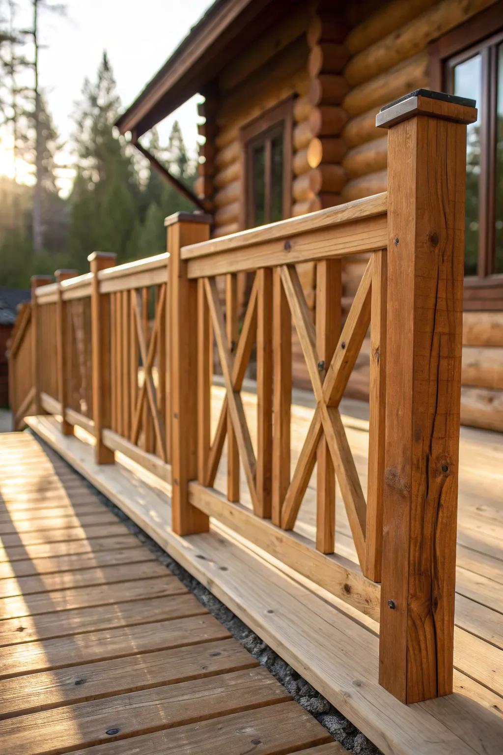 Bigger log cabin deck vibe: modern geometric railing with rustic wood warmth and contrast.