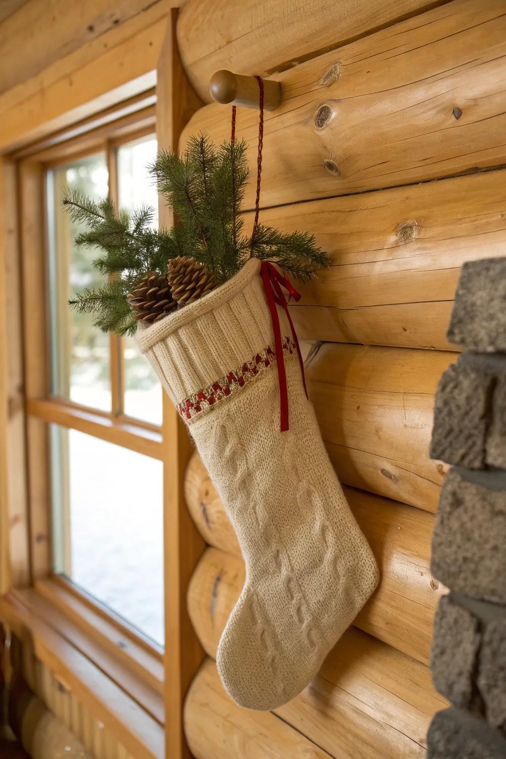 Burlap + chunky knit stocking on cabin logs—natural texture and a bold evergreen accent.