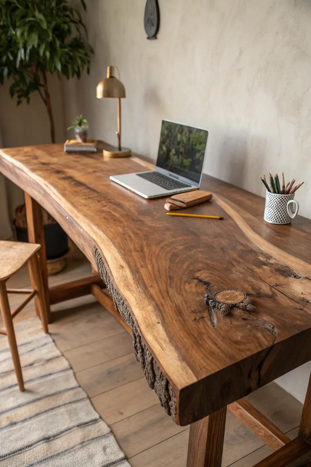 A live-edge slab worktop brings rustic cabin warmth with clean Scandinavian simplicity.