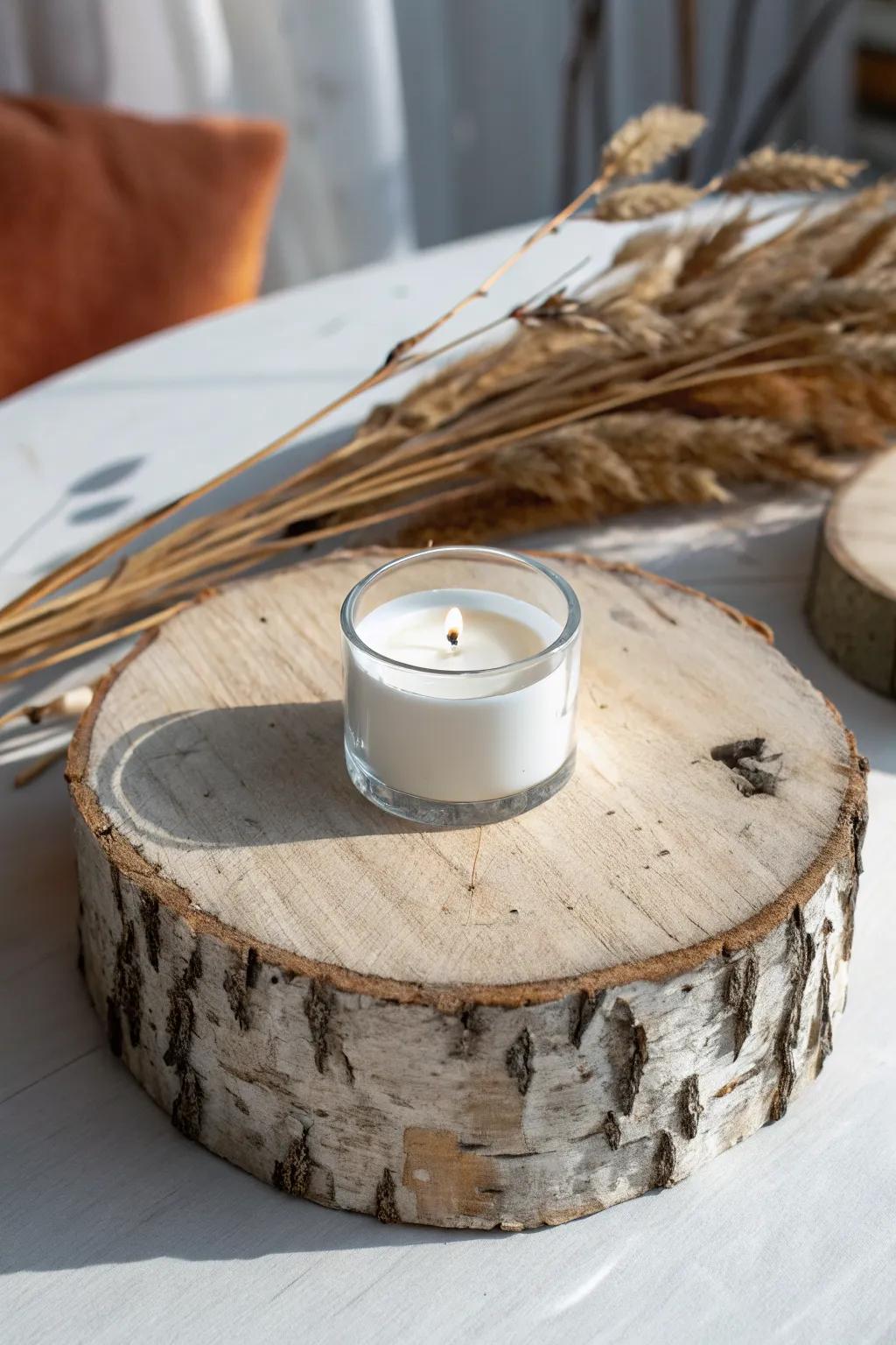 Birch log slice votive base—minimal, handcrafted, and glowing with cozy Nordic contrast.