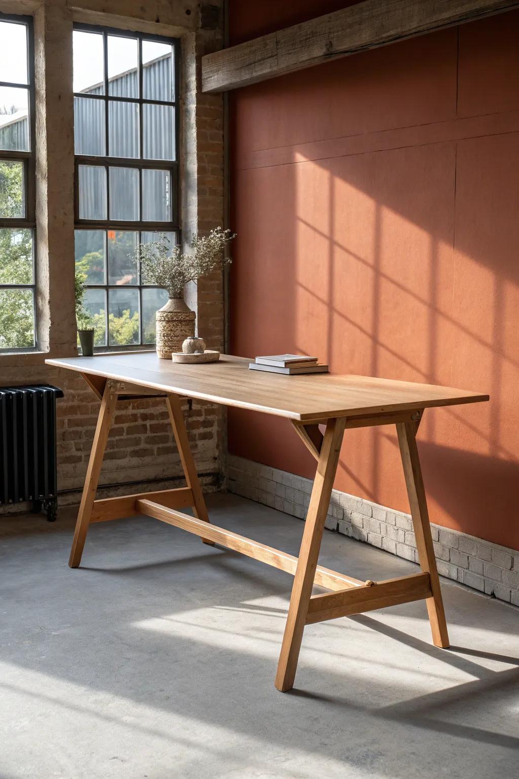 Long trestle-base desk in light oak—minimal, sturdy, and studio-farmhouse chic.