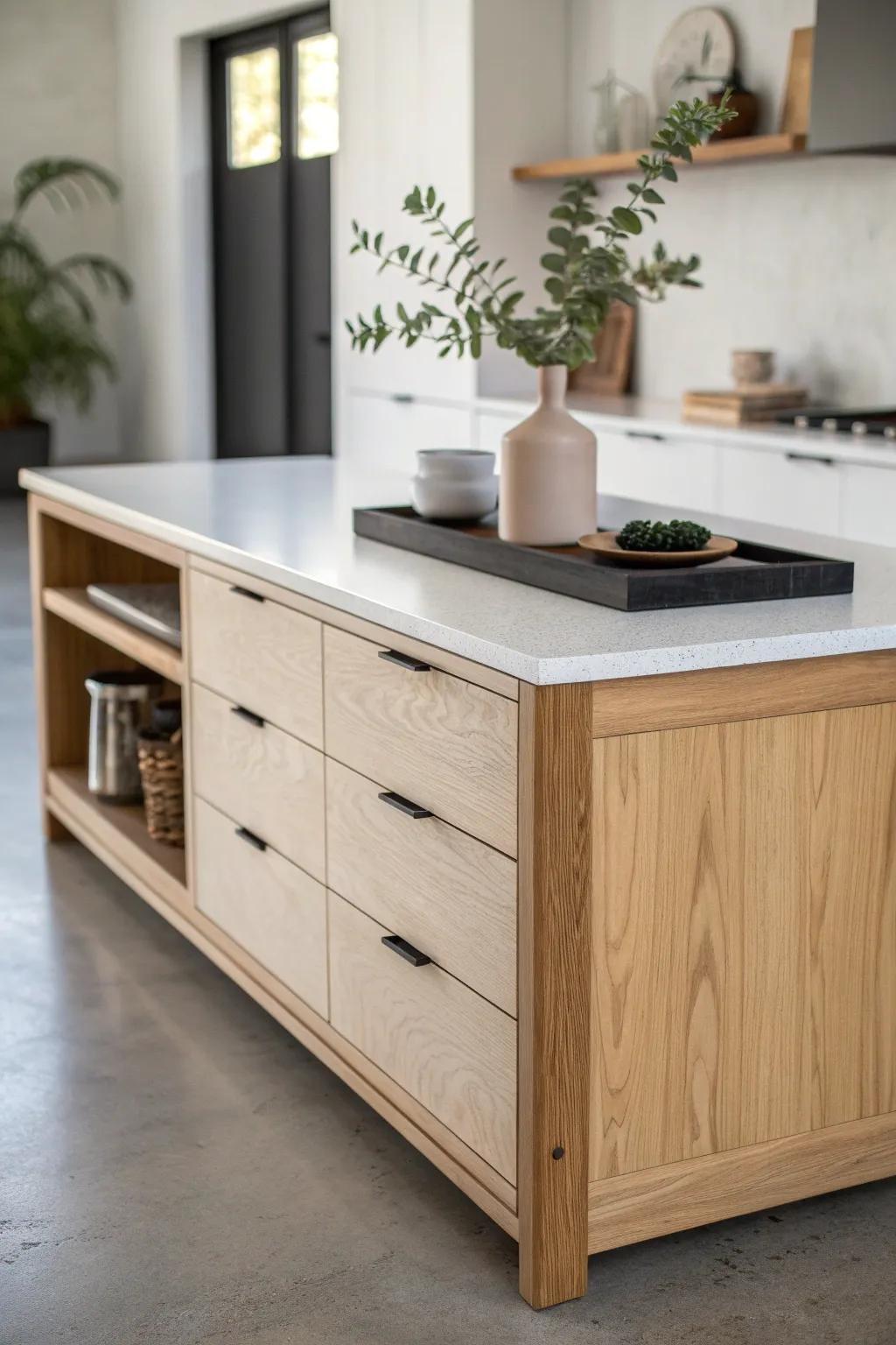 A one-wall kitchen feels twice as functional with a long oak island for prep and definition.