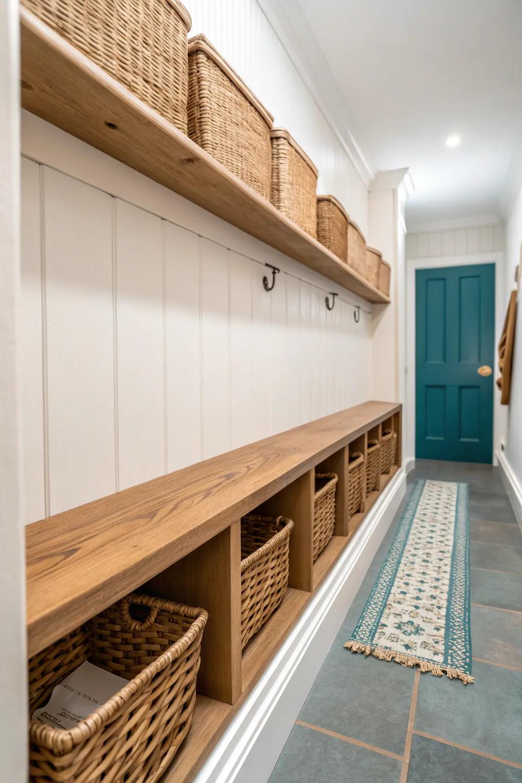 Continuous floating shelf + matching baskets: the chic, clutter-free upgrade for long narrow mudrooms.