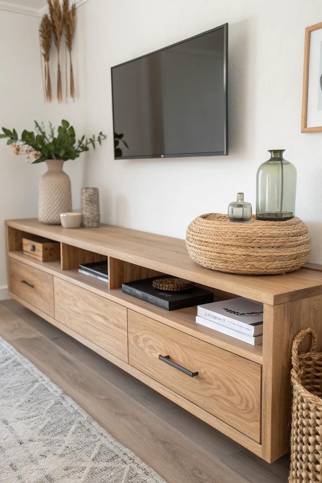 A long oak shelf above the console adds balance—and hides tech clutter in a chic woven basket.