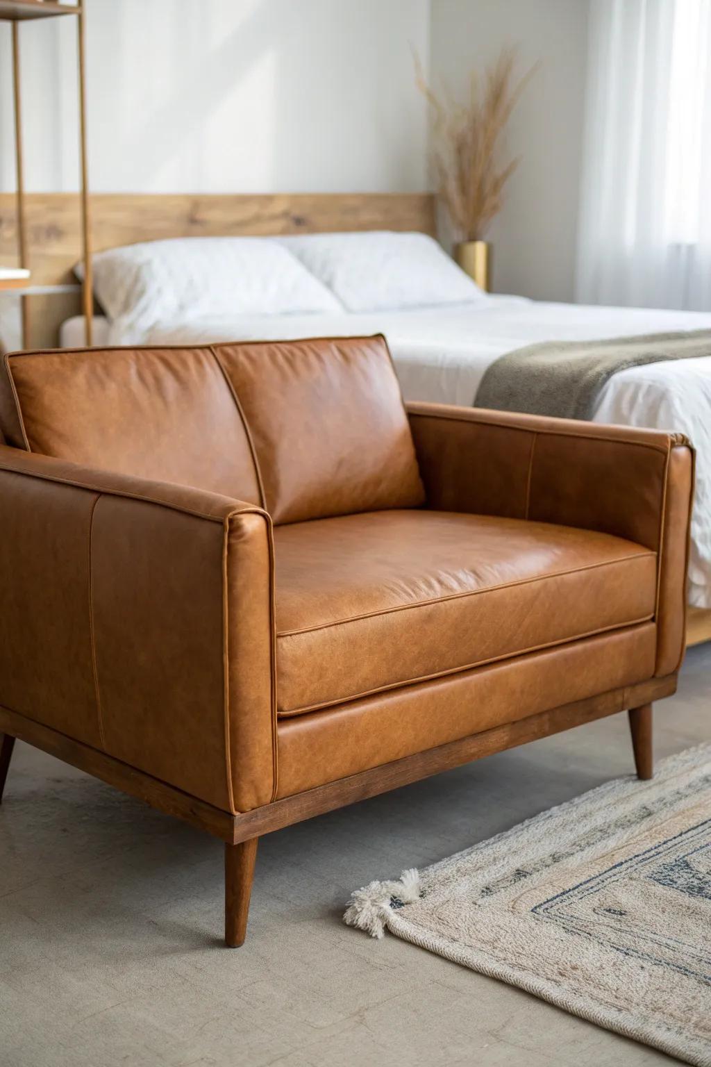 Cognac leather-look loveseat adds warm, grounded contrast at the foot of a light wood bed.