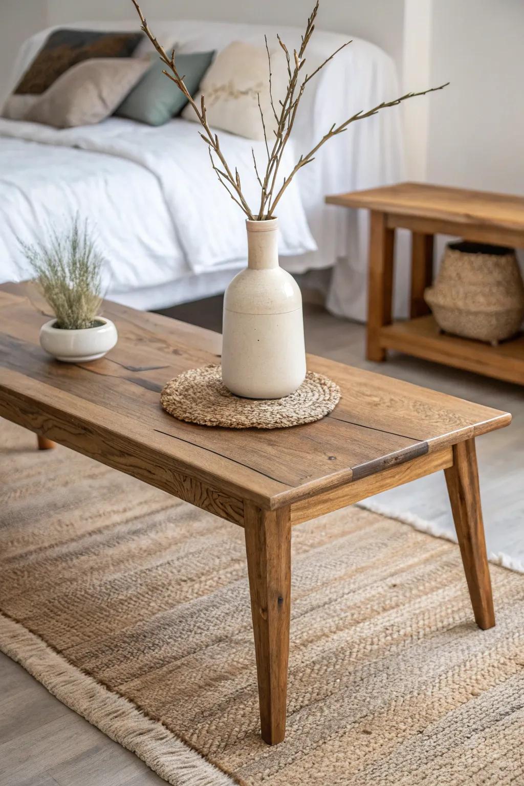 Slim reclaimed-wood coffee table adds a mini-lounge vibe in front of a bedroom loveseat.