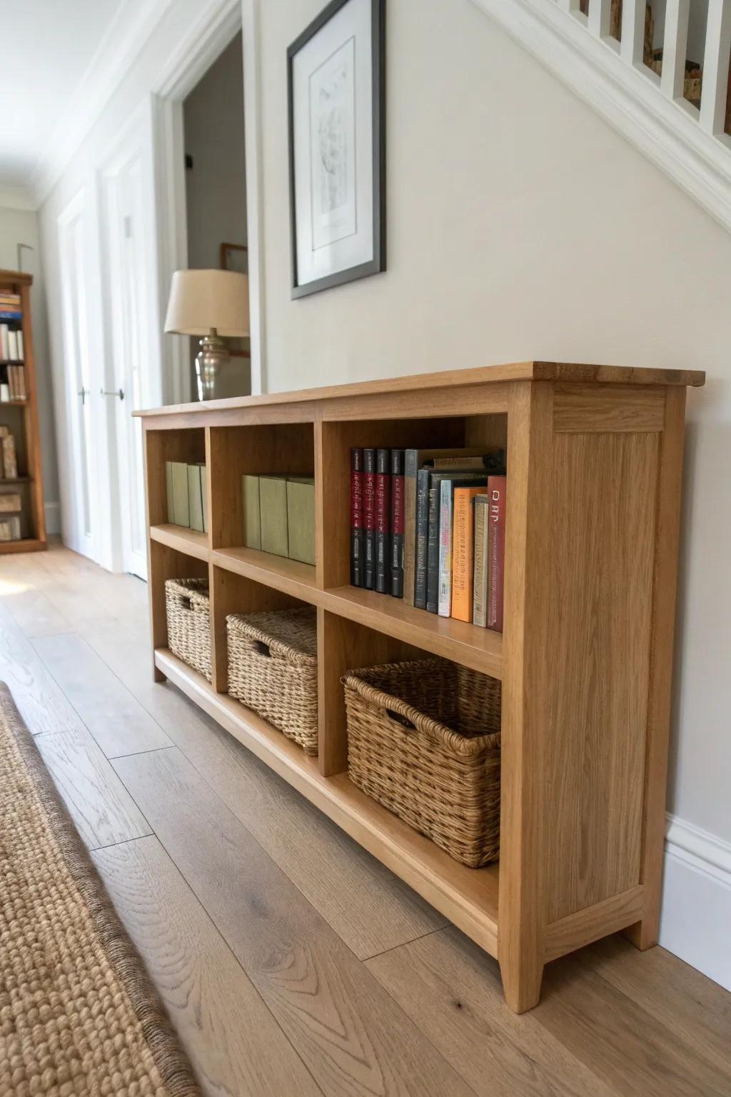 A slim hallway bookcase in light oak with woven baskets—storage that feels calm and curated.