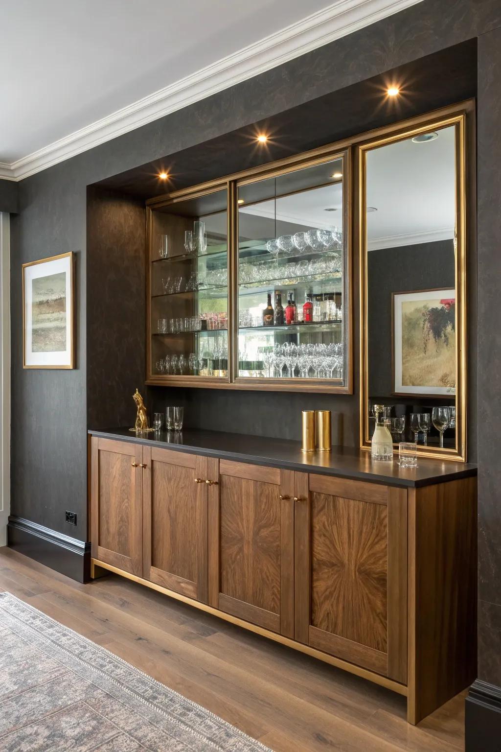 Mirror-backed walnut bar panel—luxury shine that brightens a basement and feels twice as big.