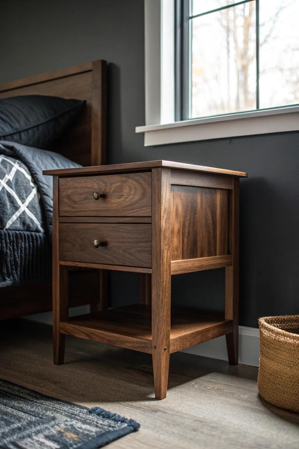 Moody charcoal walls + walnut-stained pine nightstand: man cave bedroom, refined and warm.