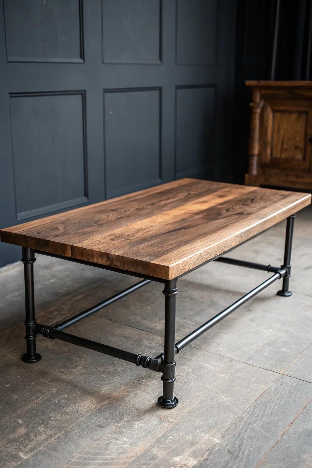 Industrial pipe base + thick walnut top—rounded edges for a cozy, custom man cave vibe.
