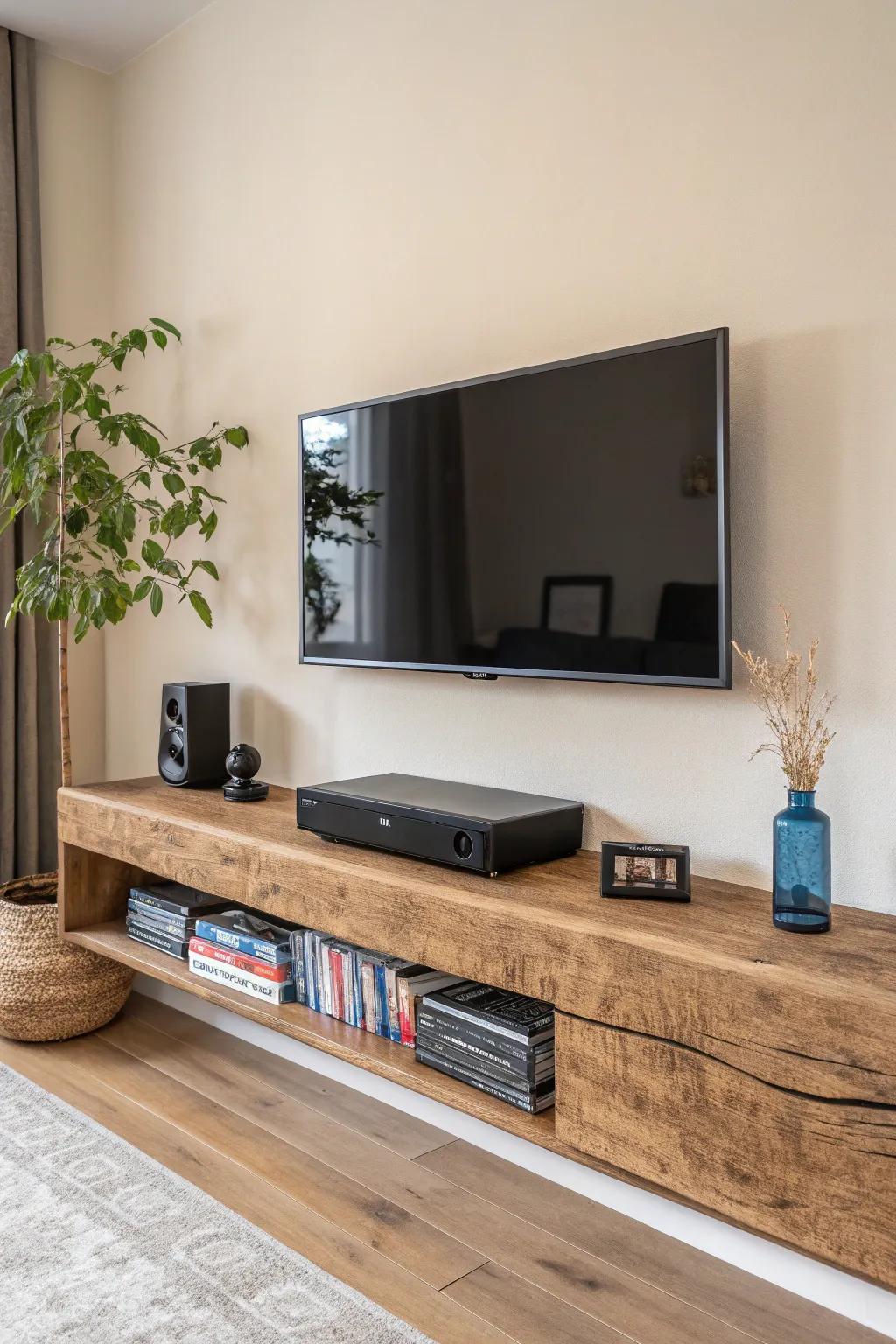 Reclaimed-wood floating shelf by the TV—sleek storage for games, audio gear, and one bold accent.