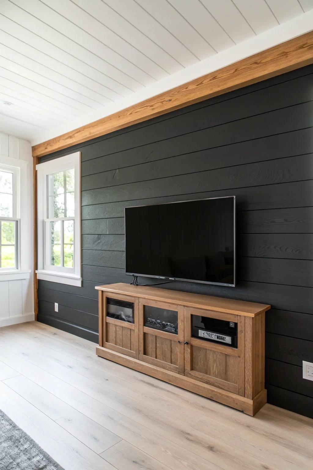 Dark-stained shiplap TV wall framed like art—farmhouse edge with Scandinavian-clean contrast.