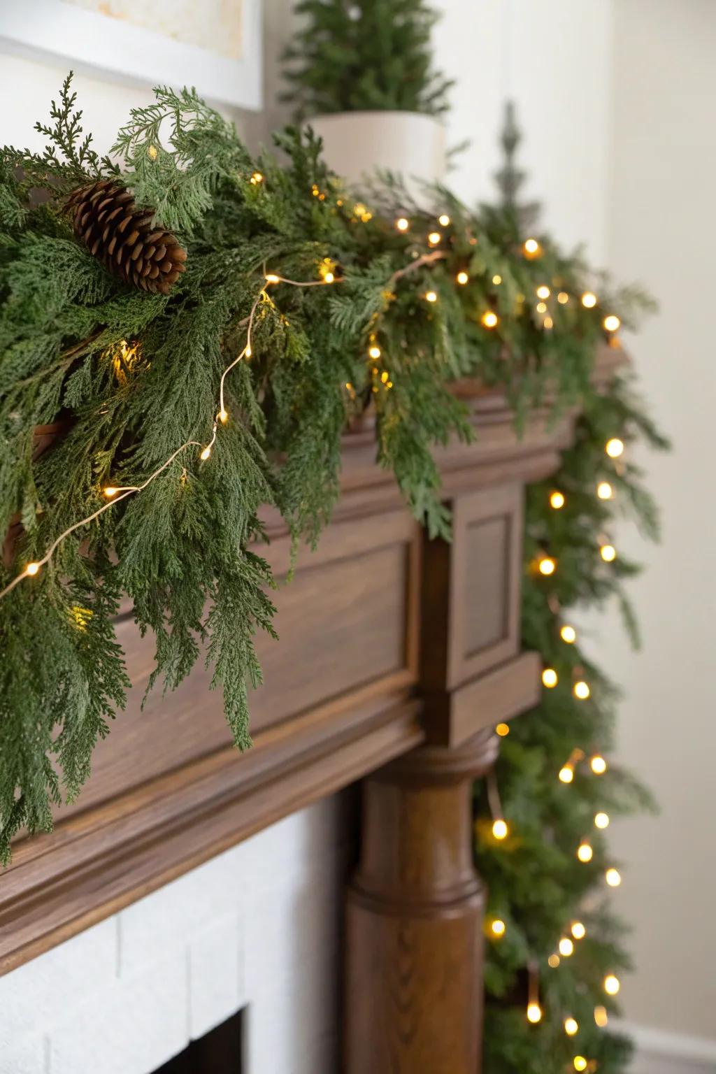 Warm white fairy lights tucked into lush greenery for a clean, glowing mantel garland.