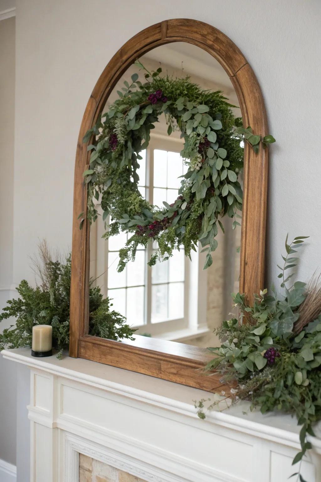Mirror + center wreath: a tall, finished look with fresh greenery and zero clutter.
