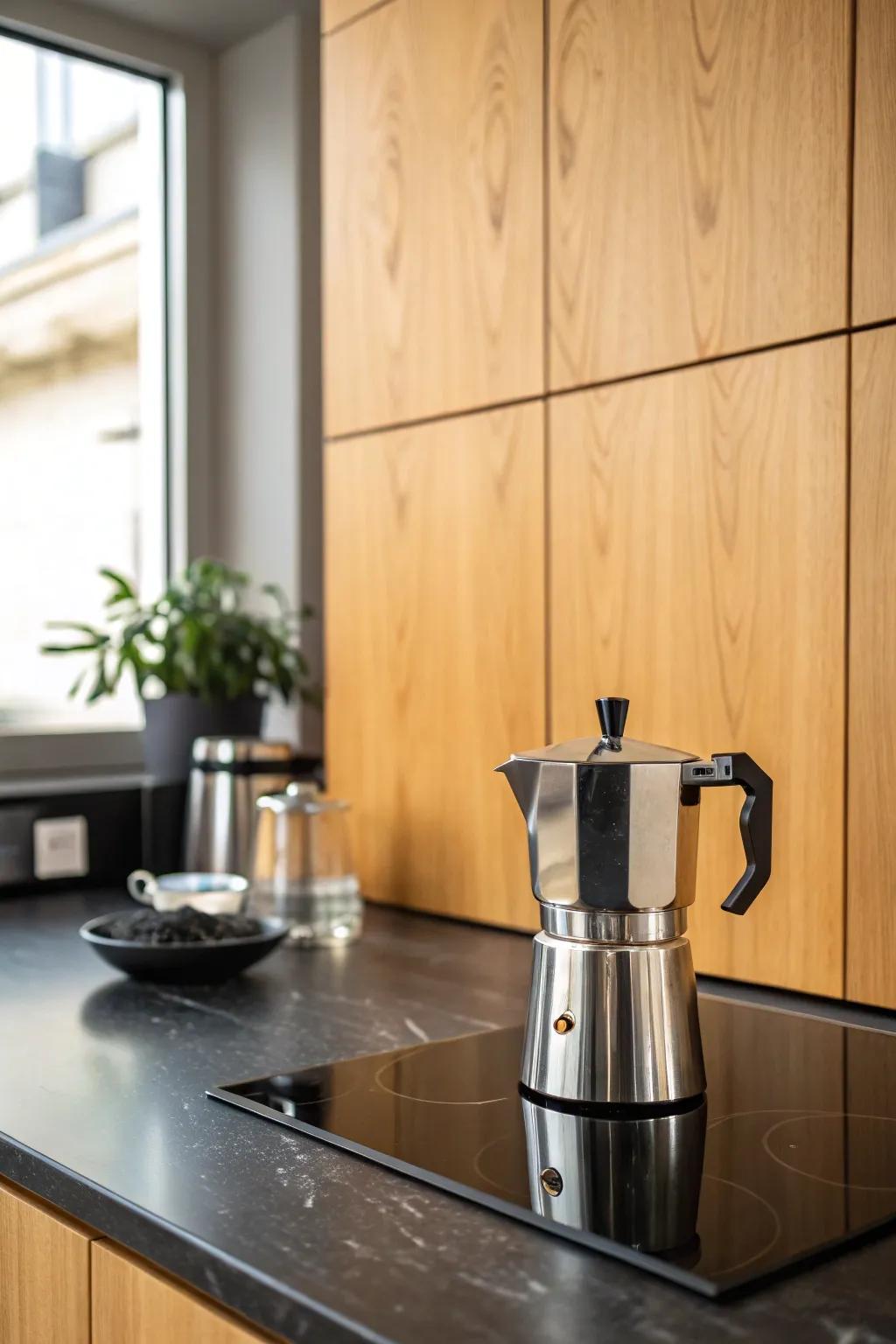 Stainless appliances bridge warm maple and black counters for a balanced, modern kitchen.