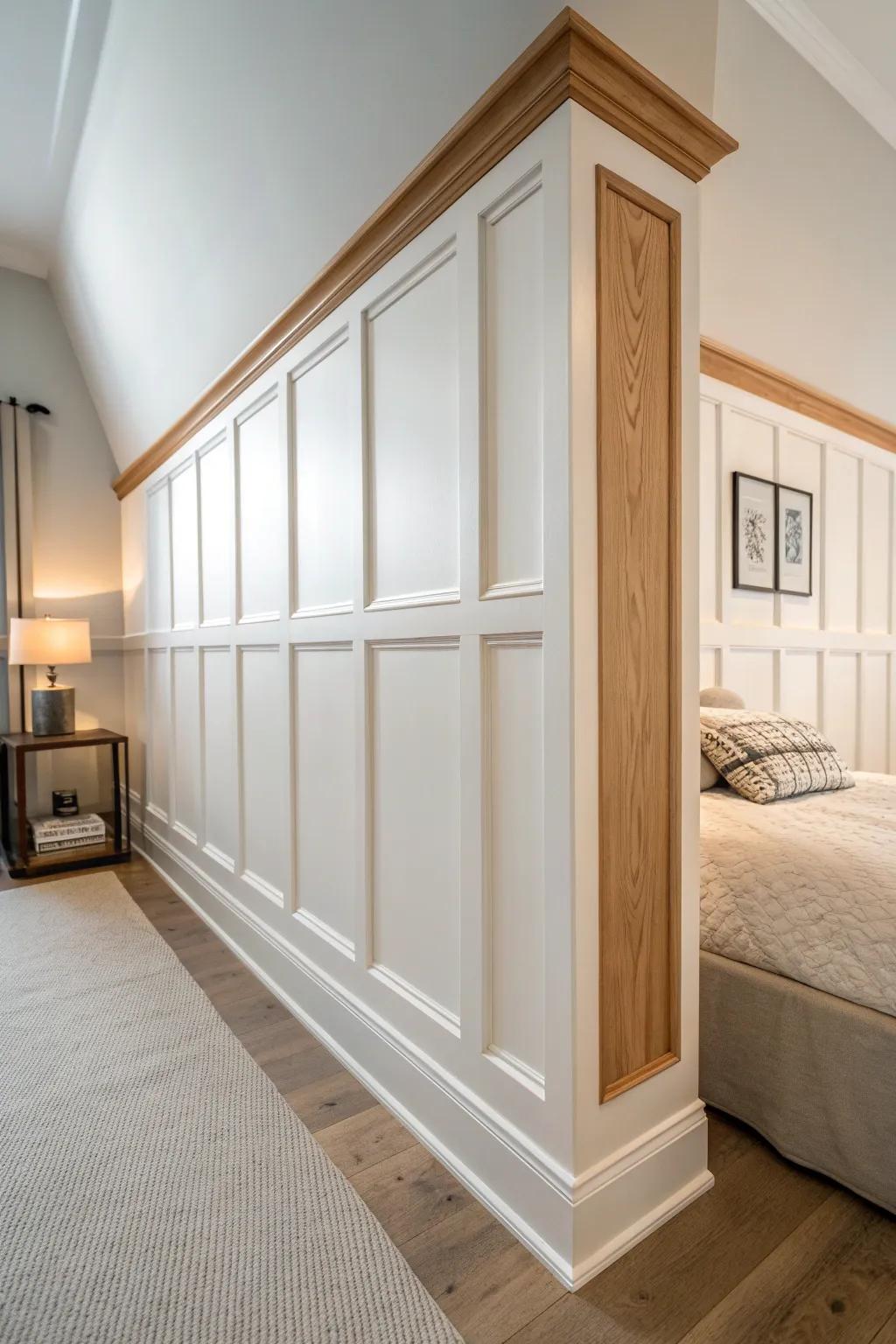 Tall wainscoting + oak cap rail for a master bedroom that feels taller, warmer, and refined.