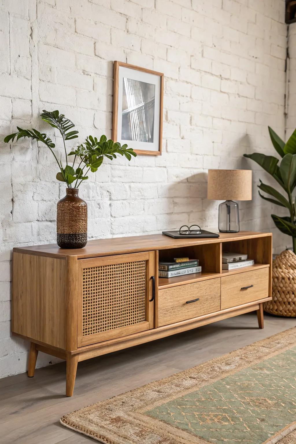 Low, wide oak credenza with deep drawers—grounding the room and hiding every remote in style.