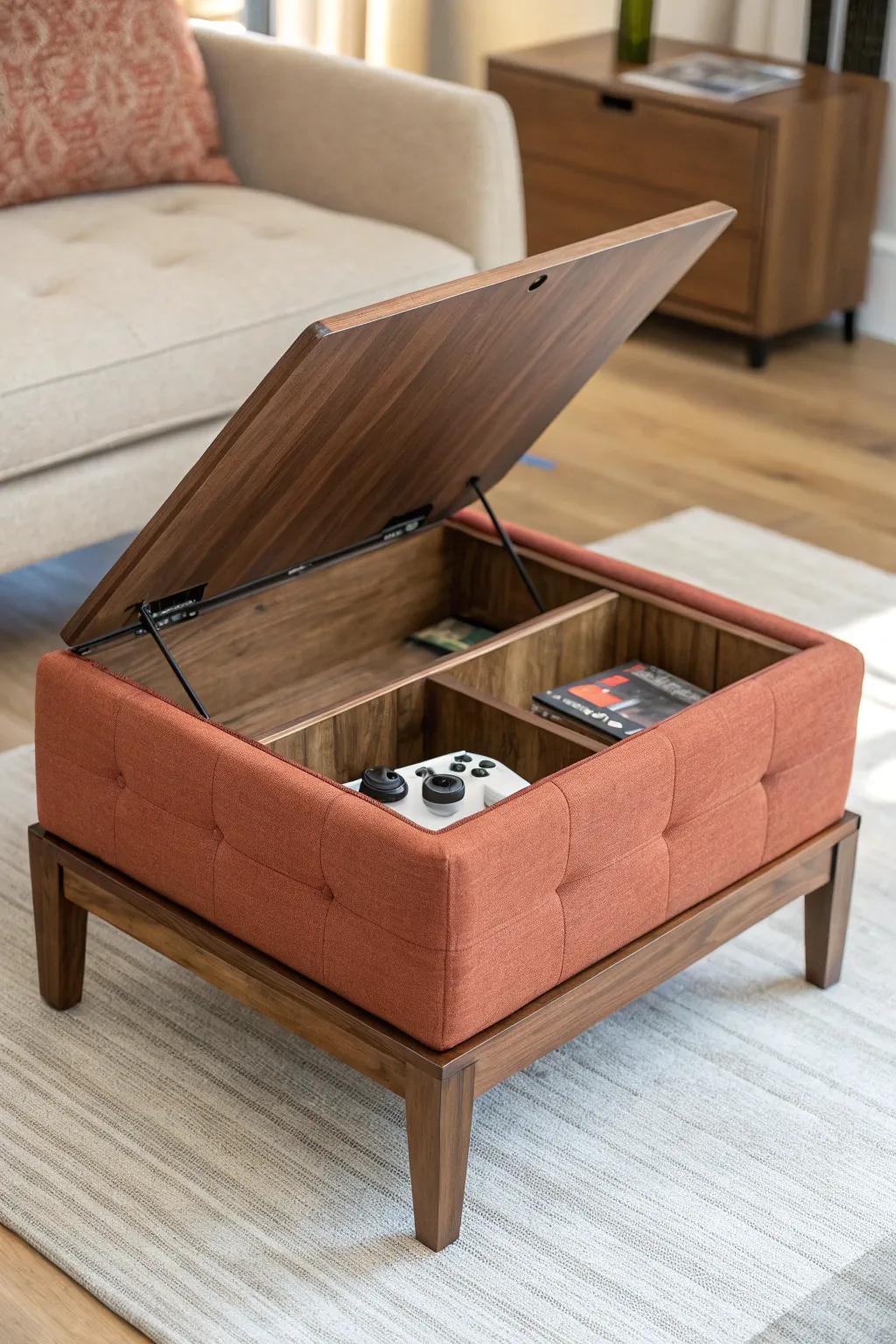 Lift-top storage ottoman coffee table—stylish seating + a hidden spot for blankets and controllers.