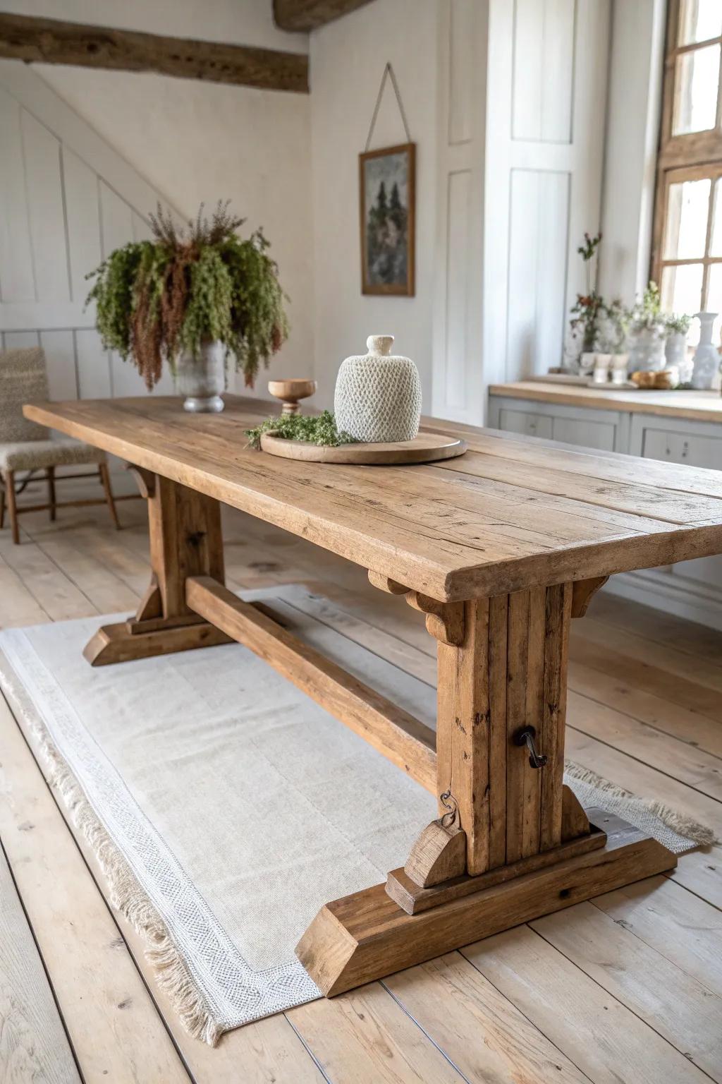 Medieval trestle table with bold joinery—minimal, handcrafted, and made for feasting.