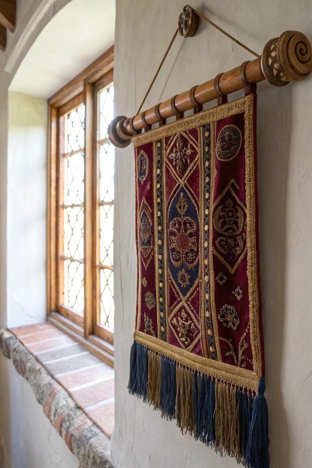 Handcrafted oak rod with a jewel-toned tapestry—instant medieval warmth, texture, and hush.