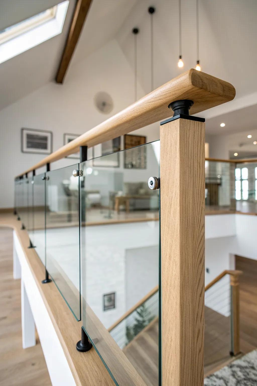 Floating glass mezzanine railing with a warm oak handrail—bright, clean, and airy.