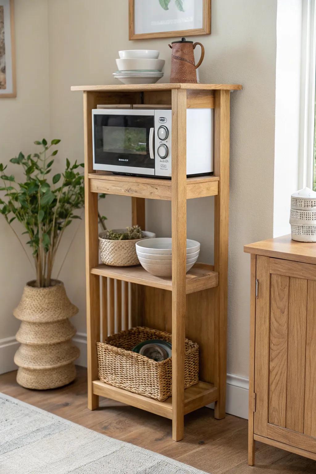 Slim vertical oak microwave stand—max storage, minimal footprint for tiny kitchens.