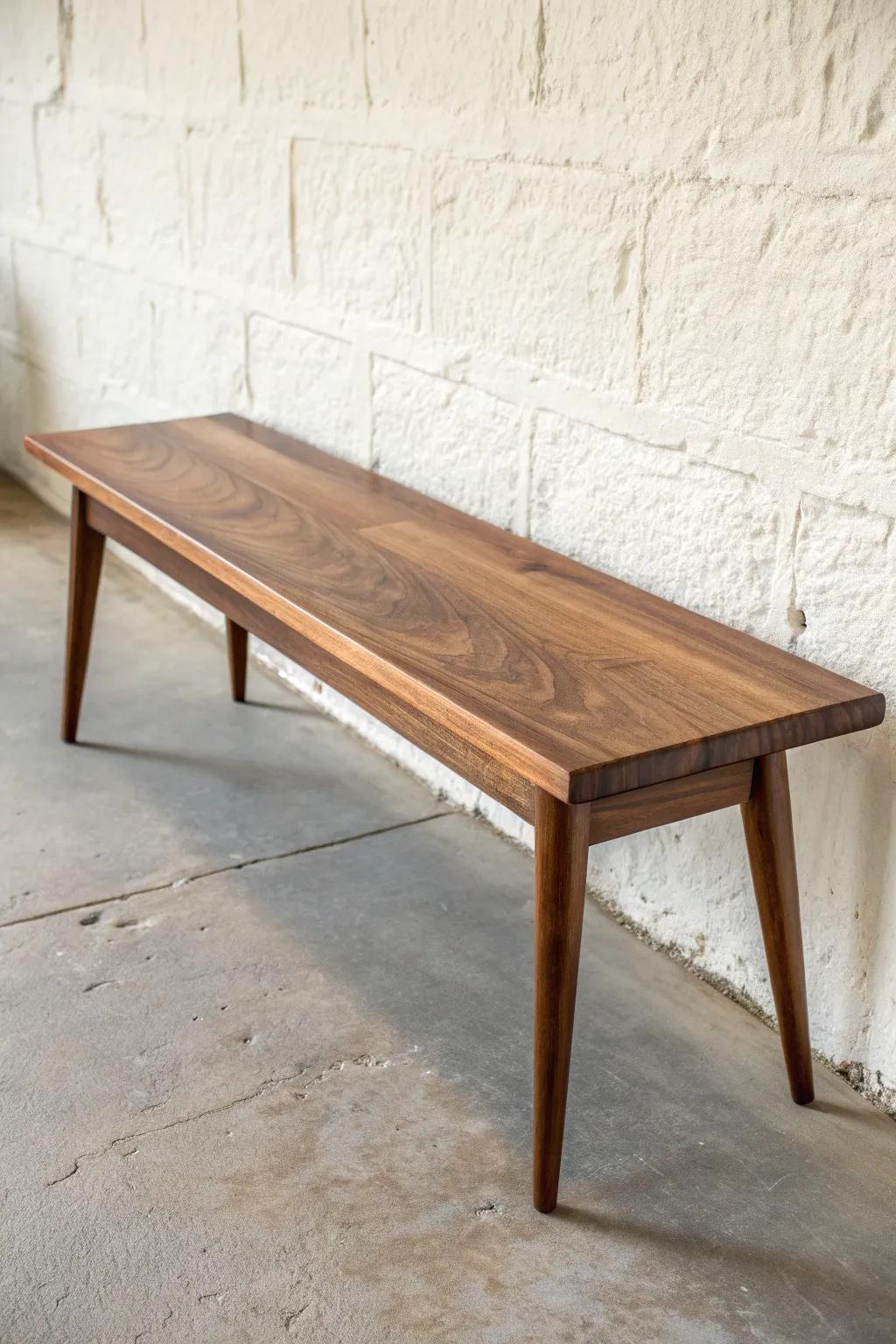 Warm walnut bench with tapered legs—mid-century charm in a clean, minimalist entryway.