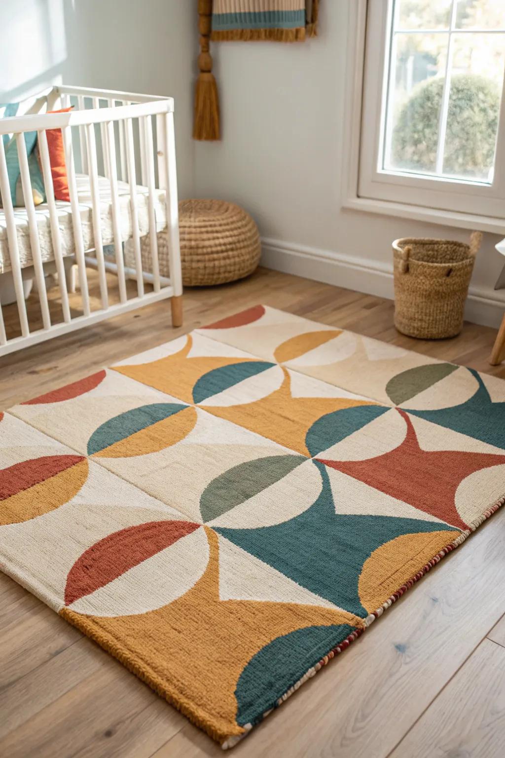 A bold geometric rug adds instant mid‑century style—graphic, cozy, and clutter‑free.