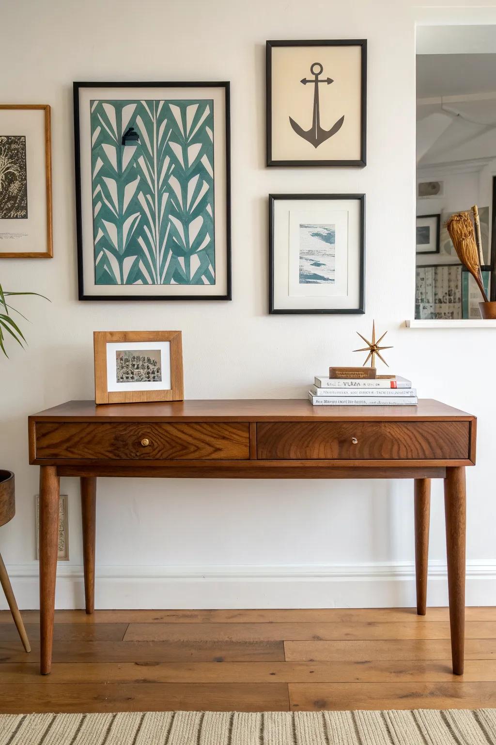 Teak-toned console anchored by a playful mid-century gallery wall of bold geometric art.