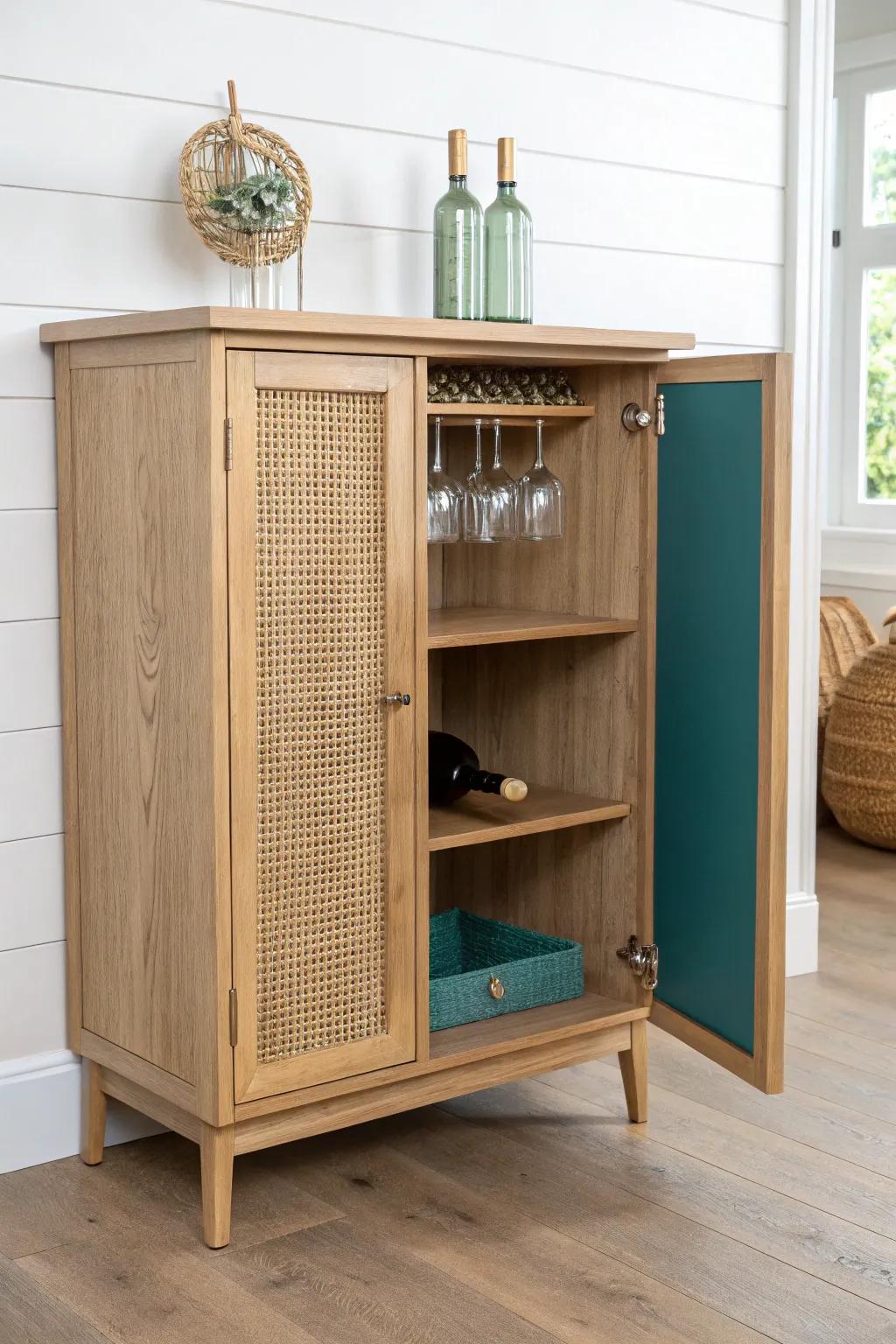 Mini bar cabinet with a forward-mounted stemware rack—sleek, practical, and beautifully finished.