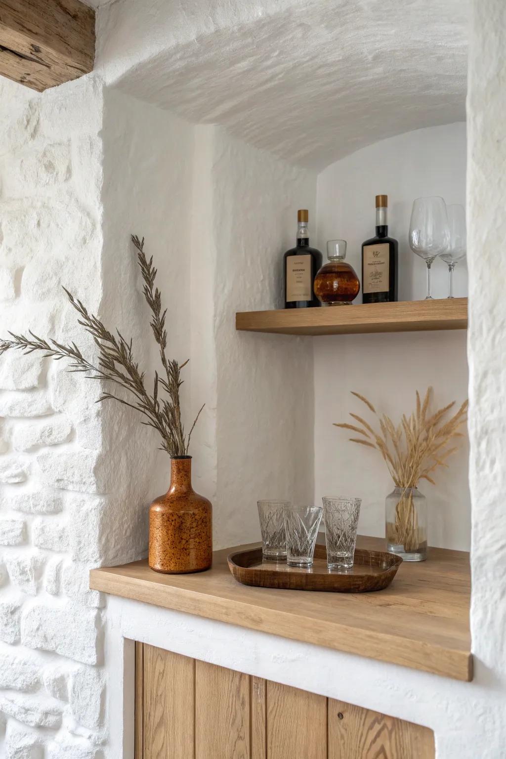 A recessed wall nook bar in oak—floating shelves, warm terracotta backdrop, built-in wow.