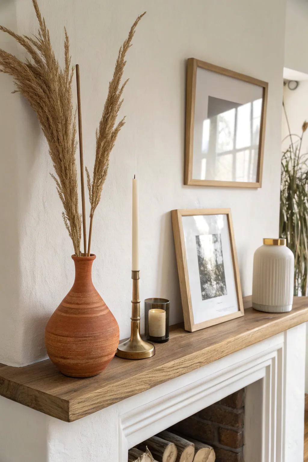 Asymmetrical mantel styling: one tall vase balanced by two slim accents for modern cozy calm.