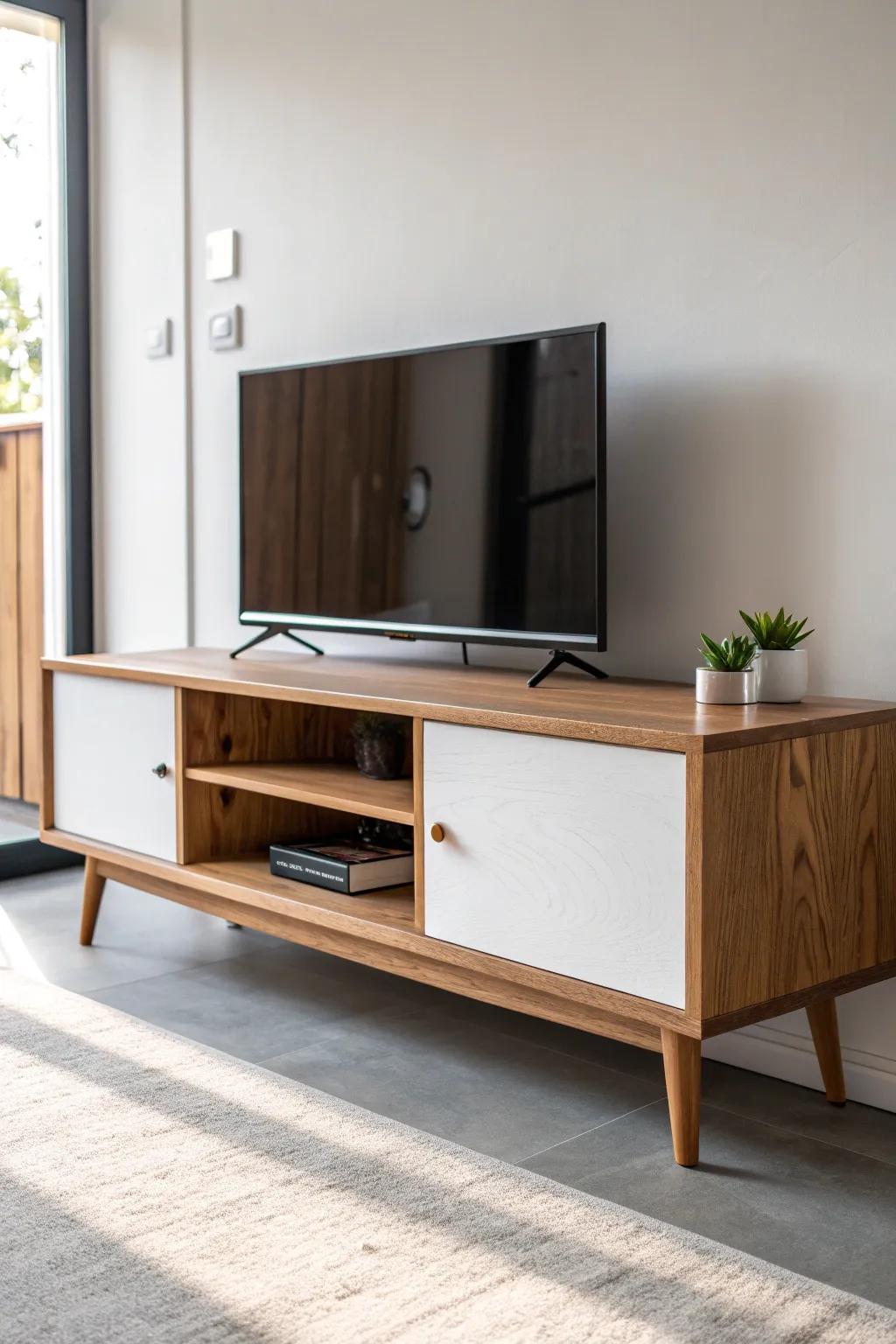 Two-tone reclaimed wood + matte white fronts: a minimalist TV stand that feels warm, crisp, and calm.