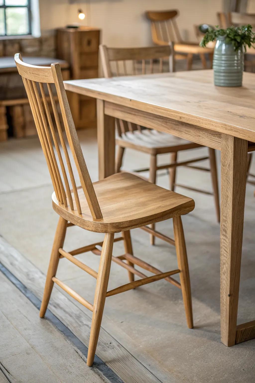 Mismatched backs, one material: all-wood chairs bring playful variety without visual clutter.