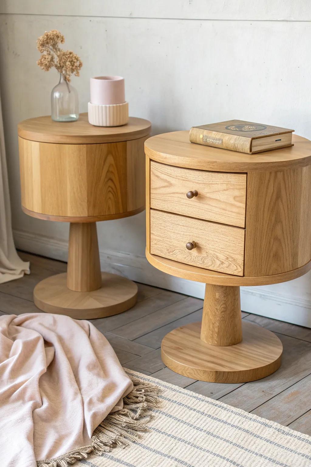 Same wood, different silhouettes: mismatched oak nightstands for a calm, crafted bedroom look.