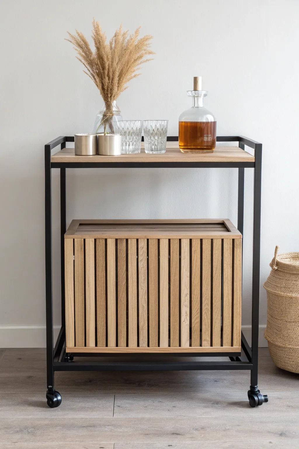 Modern slat-front mobile bar—light wood, hidden hardware, and bold contrast for sleek hosting.